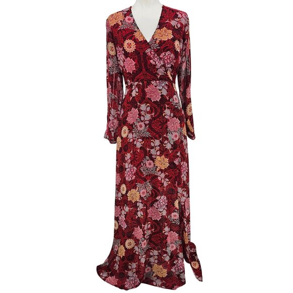 Guess Elysian Wrap Maxi Dress 6 Red Floral Boho Chiffon Layered Slit Lace Inset - Picture 1 of 16